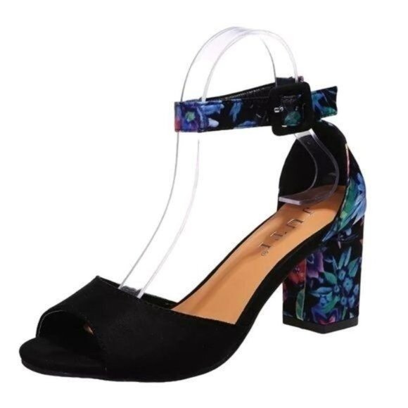 Black Floral Ankle-Strap Block Heel Sandal - Picture 3 of 5